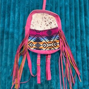 Boho Pink Fringe Cowhide Backpack